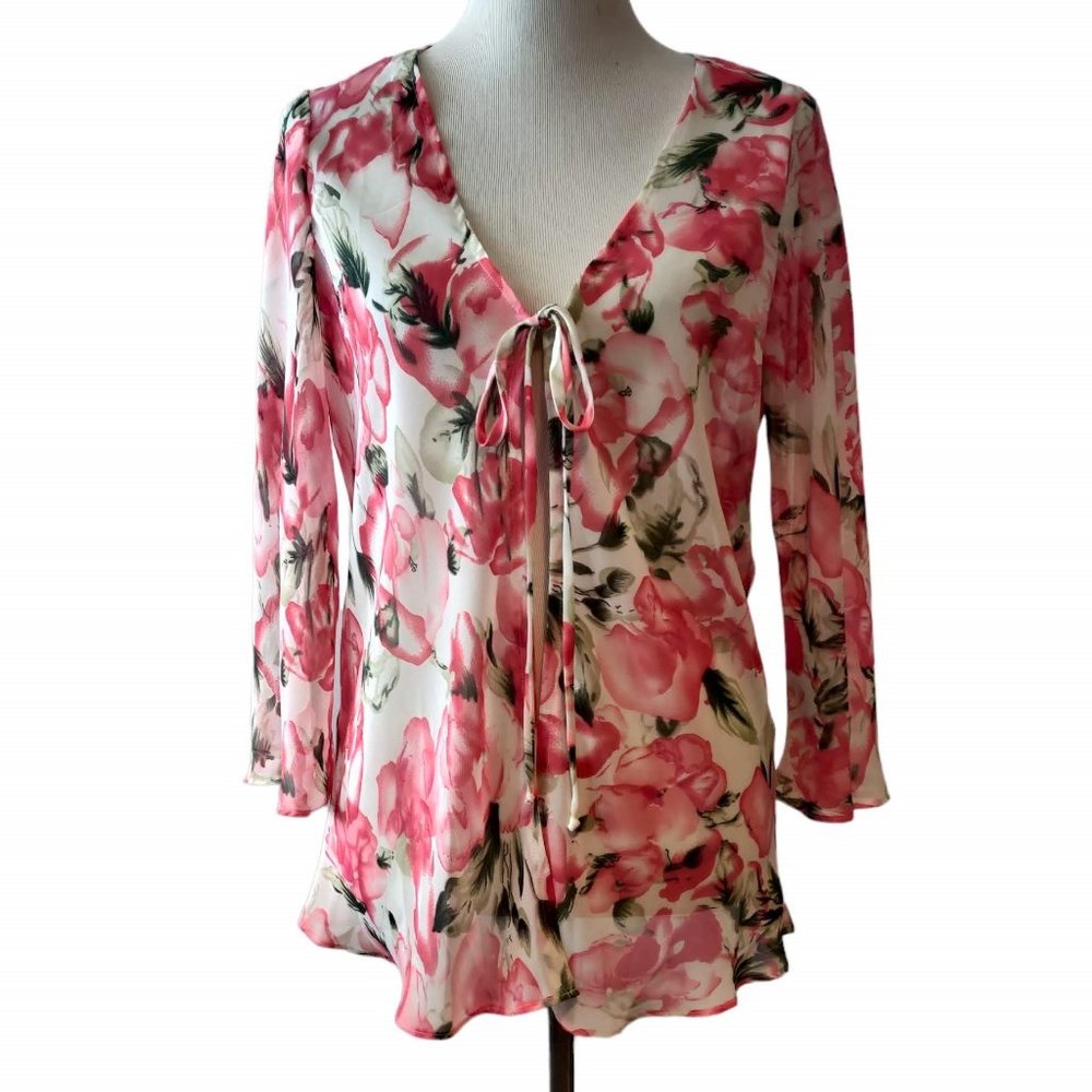 Mary McFadden Collection Women Pink Roses Lightweight Semisheer Tie Cover Top 12